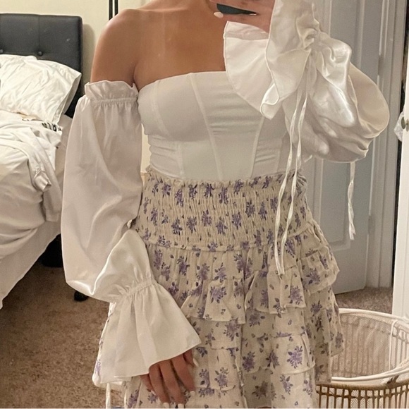 White Off the Shoulder Puff Sleeve Mini Dress - Picture 2 of 2